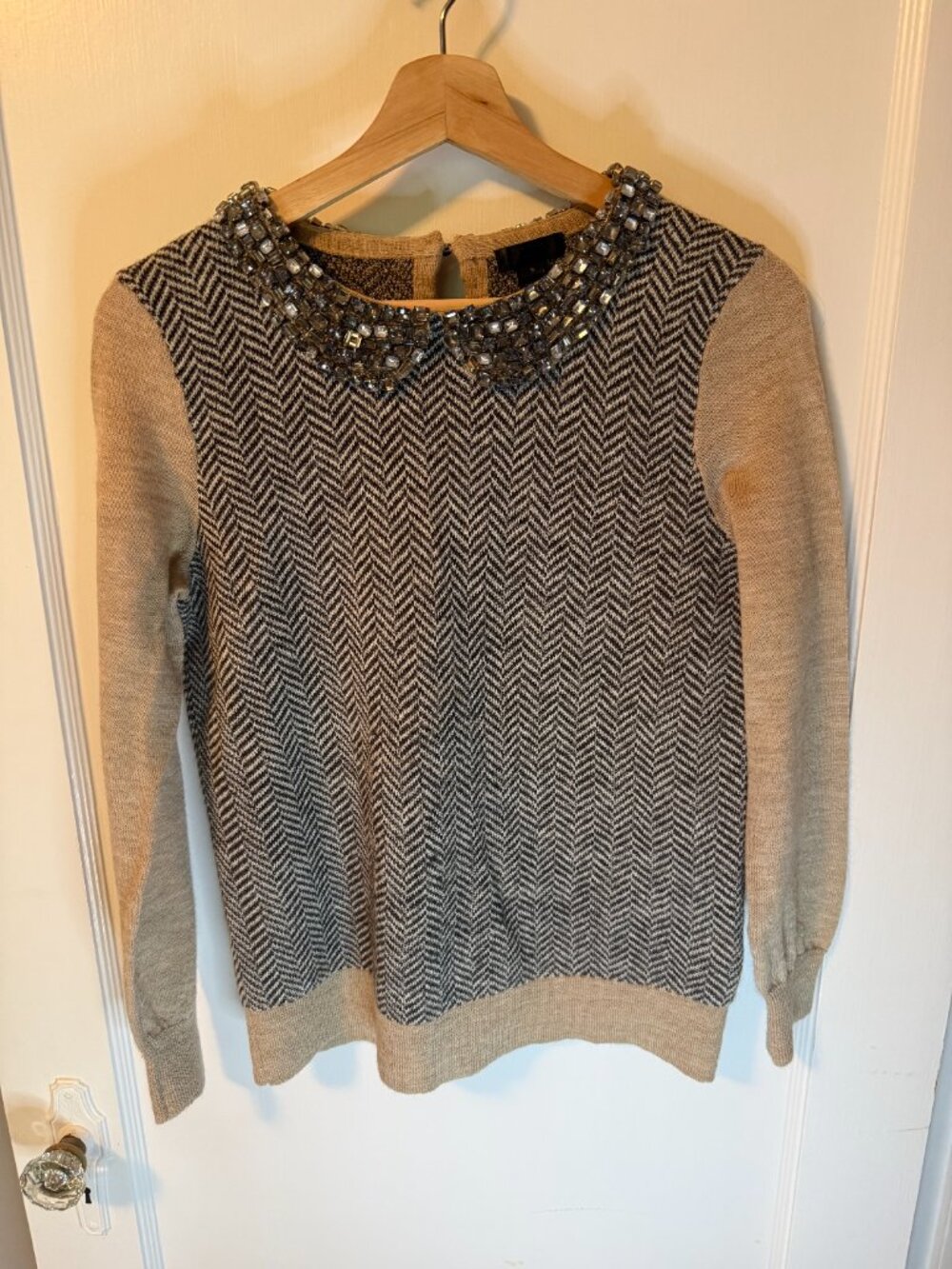 J Crew herringbone bejewelled long sleeve sweater size small.